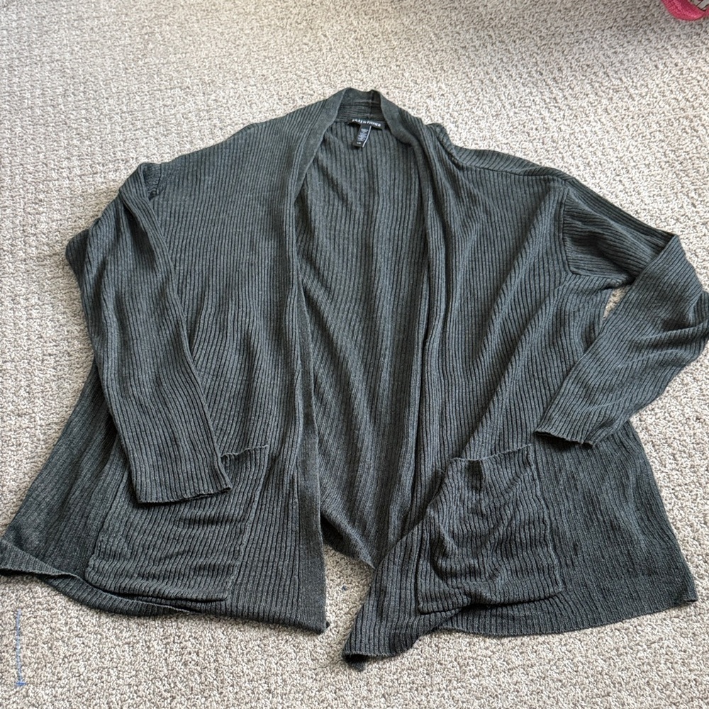 Eileen Fisher Open-Front Ribbed Cardigan - Olive 100% Organic Linen